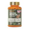 Orange bottle of 100% premium Peruvian Sacha Inchi oil with a star anise graphic on the label against a white background.