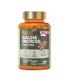 Orange bottle of 100% premium Peruvian Sacha Inchi oil with a star anise graphic on the label against a white background.