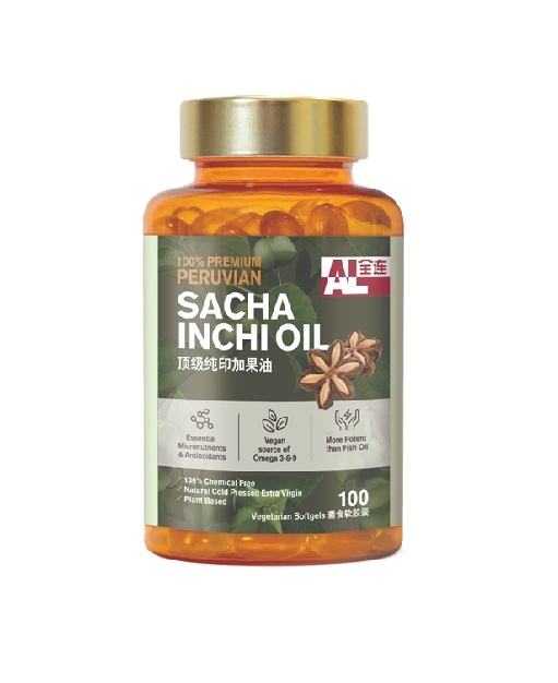 Orange bottle of 100% premium Peruvian Sacha Inchi oil with a star anise graphic on the label against a white background.